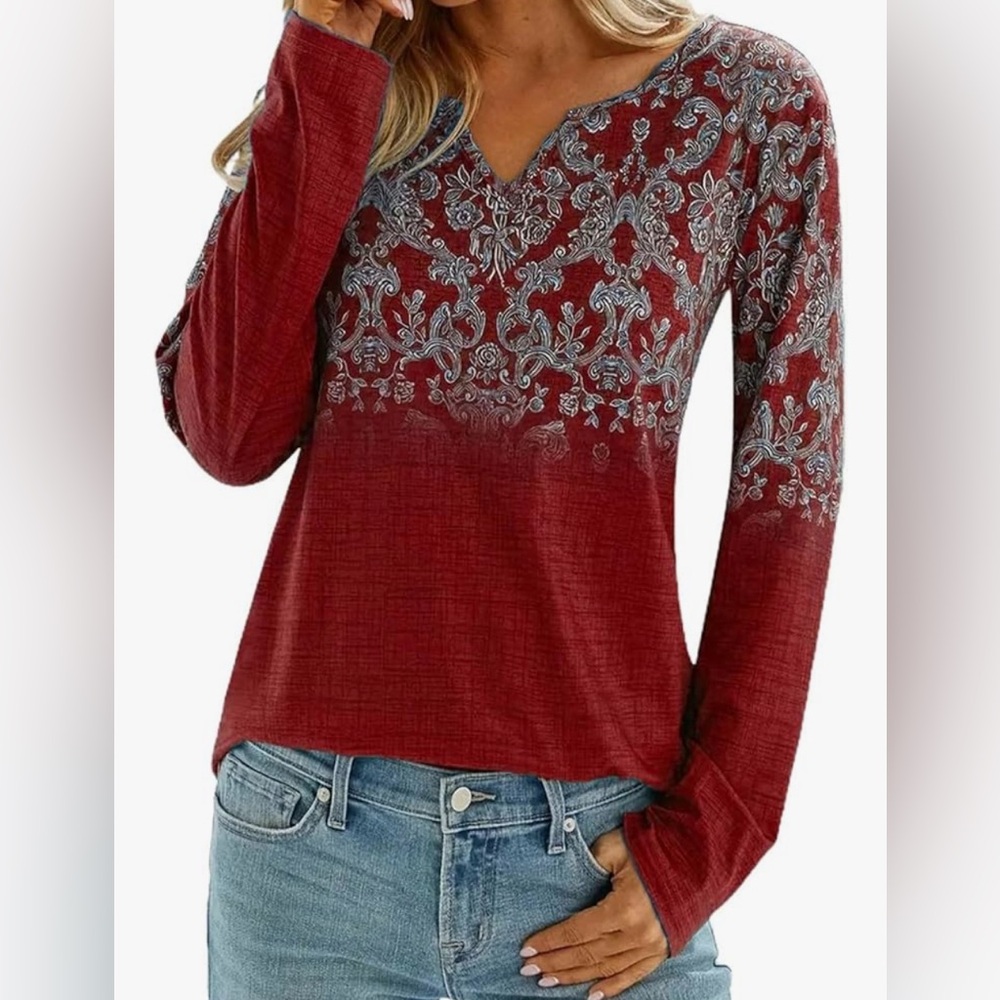 Women’s Wine Floral Ombre Pattern Long Sleeve Lightweight Top 3X